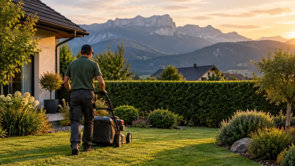 Jardinier de dos tondant la pelouse d’une maison, entretien jardin particulier en Isère