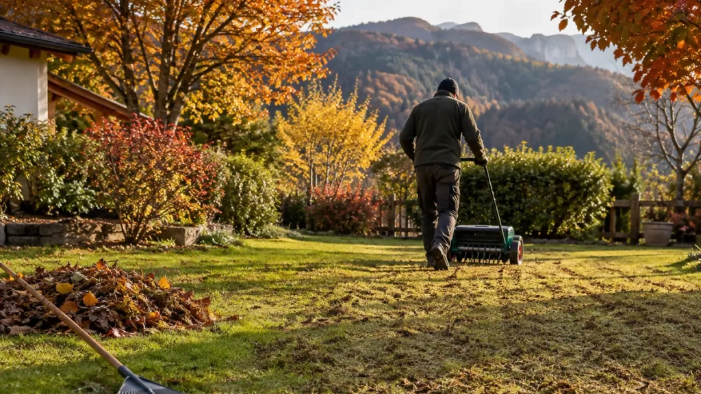 Pelouse scarifiée et regarnie en automne, entretien pelouse en Isère avant l’hiver