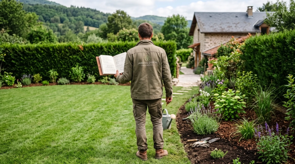 Jardinier paysagiste de dos observant un jardin en réaménagement, carnet de croquis en main