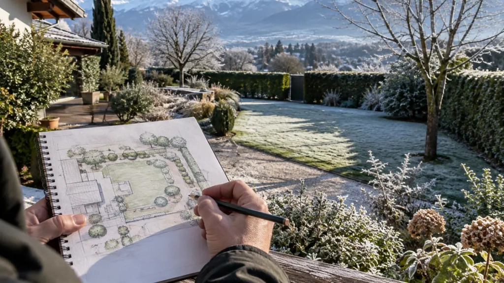 Jardin en hiver sous un léger givre, terrain observé pour un projet jardin hiver en Isère