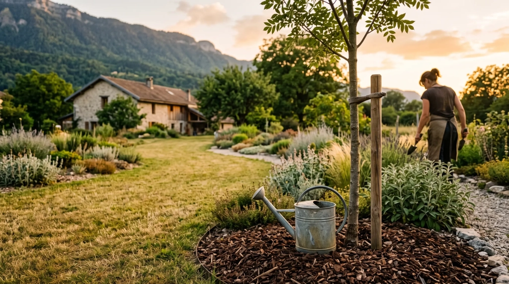 Jeune arbre paillé arrosé au pied pendant une restriction d'eau en Isère en 2026