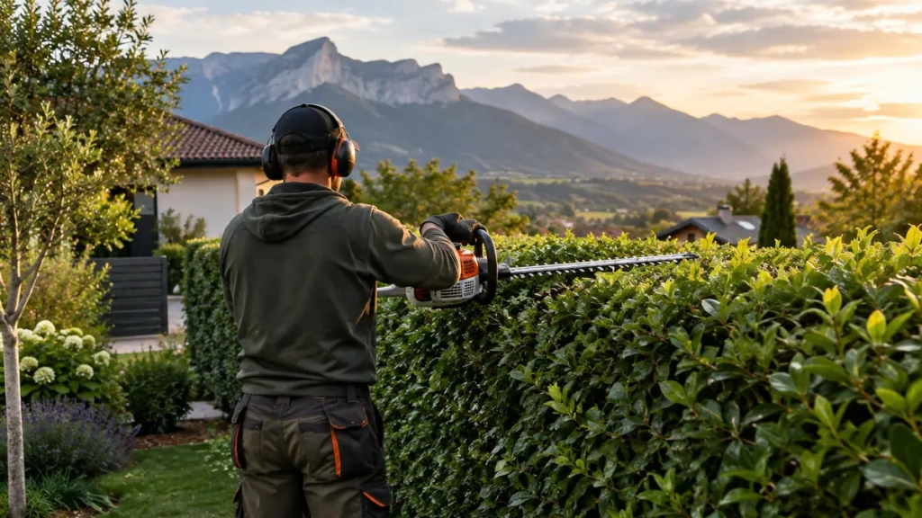 Paysagiste de dos taillant une haie lors d’un aménagement jardin en Isère