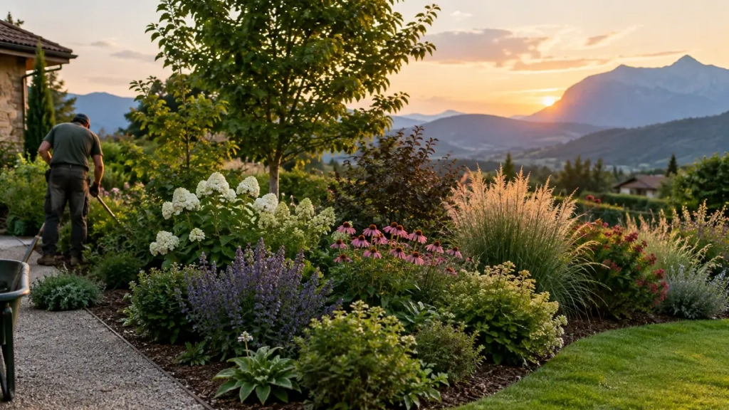 Massif d’arbustes et de vivaces rustiques plantés pour un aménagement jardin en Isère