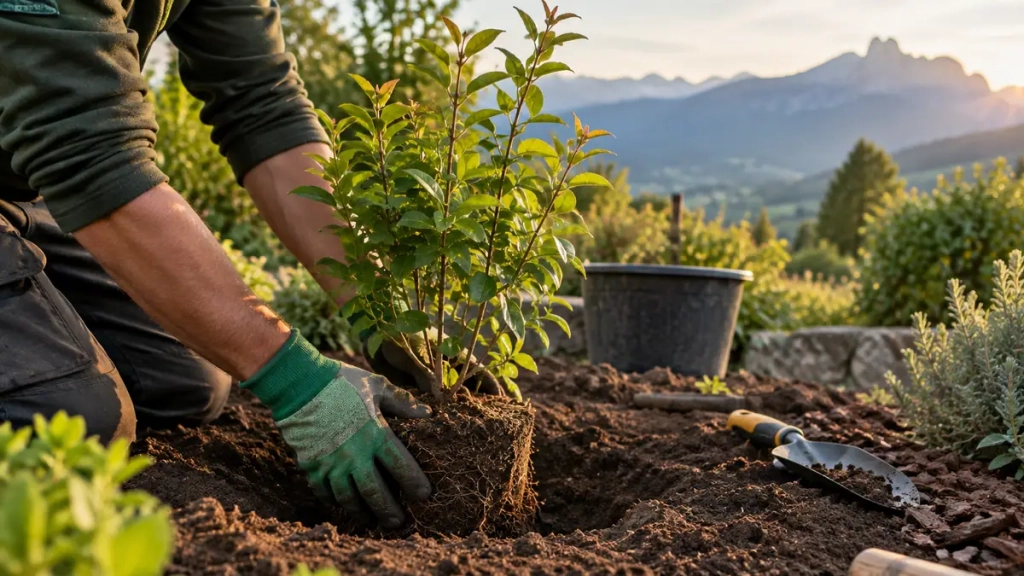 Mains d’un paysagiste plantant un arbuste lors d’un aménagement jardin en Isère