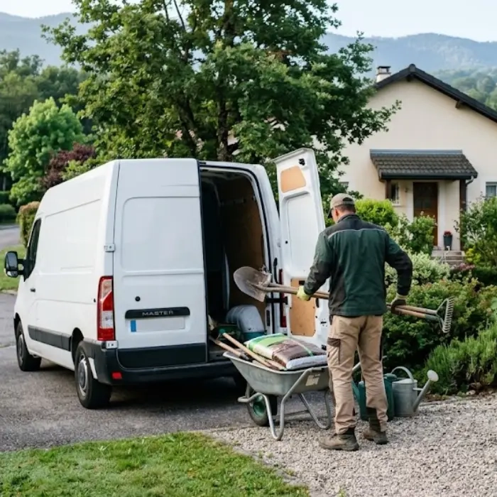 Paysagiste en Isère déchargeant ses outils devant une maison avant une intervention