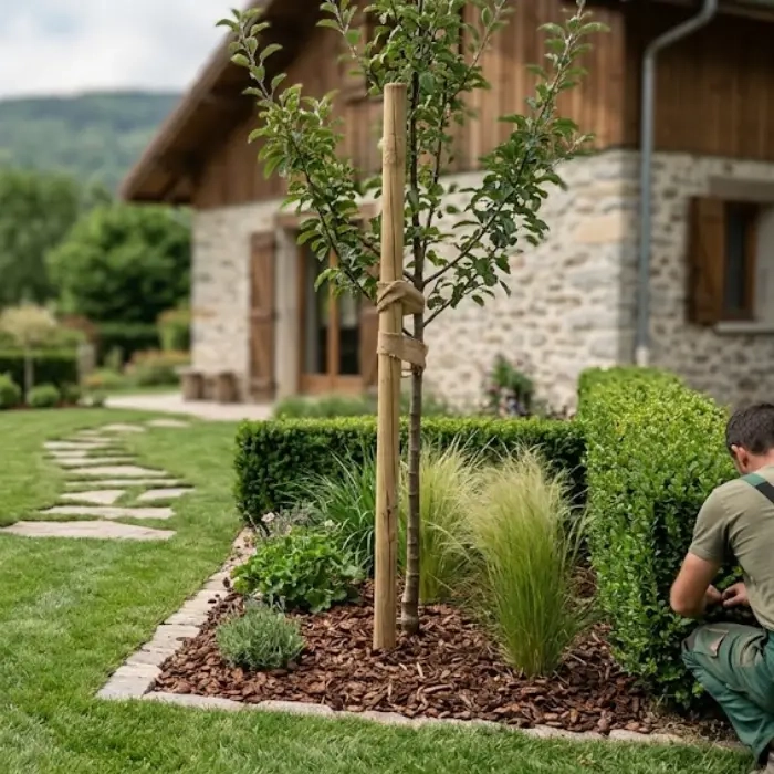 Jardin aménagé avec massifs paillés et haie taillée par un paysagiste en Isère