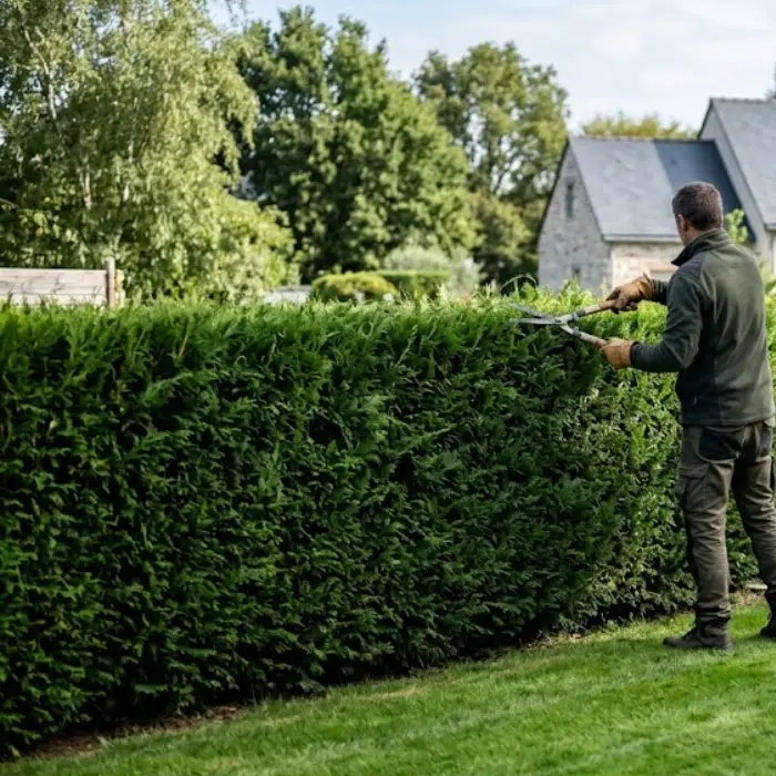 Paysagiste de dos taillant une haie dans un jardin entretenu en Isère